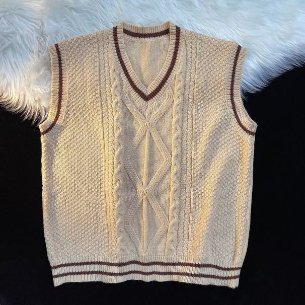 Gilet senza maniche a righe color-block da uomo – Capo invernale in maglia spessa, pullover casual con scollo a V (beige, M-2xl)_voghion.com