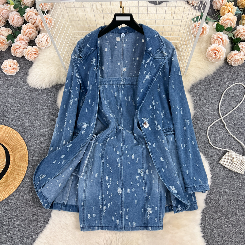 Dameskleding Schattig hot girl mode retro denim pak vrouwelijke niche gat oude jas bretels tweedelig pak puur verlangen tweedelig pak_voghion.com