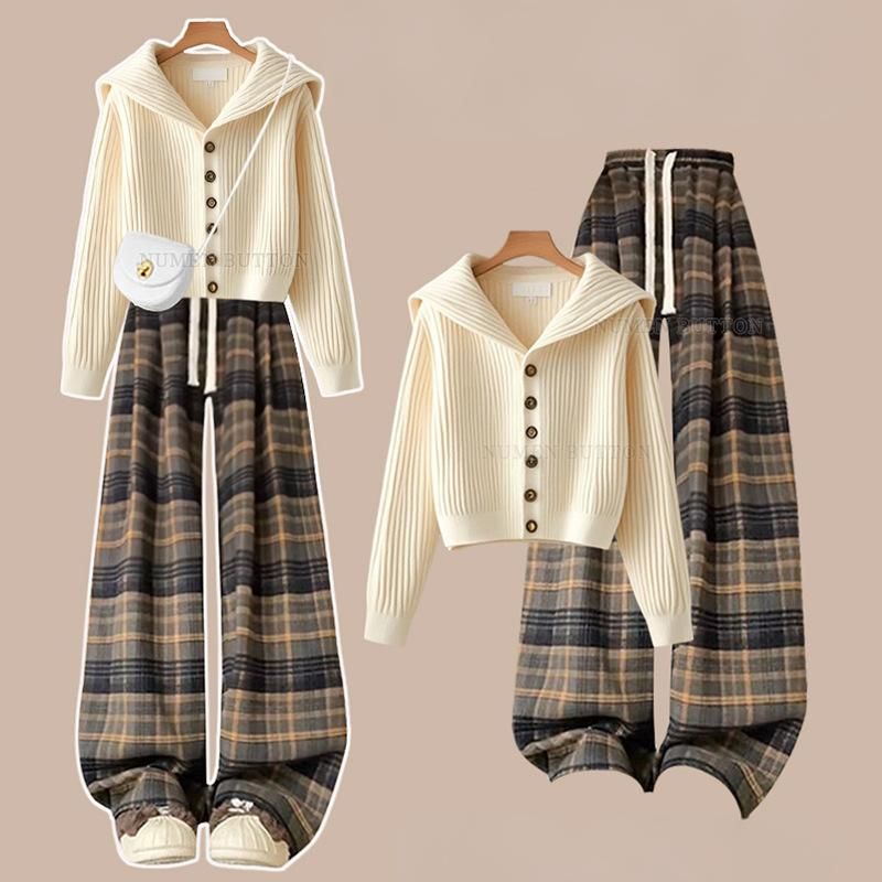 Oversized Cardigan & Plaid Pants Set – Anti-Fit Strickmode + High-Waist Hose | Lazy Luxe Workwear_voghion.com