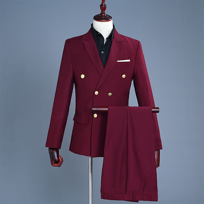 CT Men's Formal Set Burgundy Double Row Gold Buttons Suit Party Performance Host Singer Annual Meeting Costume Studio_voghion.com