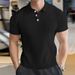 24 Men's Solid Color Short Sleeve Summer Casual Vertical Striped Turn-Down Collar Polo Versatile Elegant Button T-Shirt_voghion.com