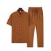 CT New Men's Turn-down Collar Solid Color Short Sleeve Shirt With Drawstring Pants Set European Size_voghion.com