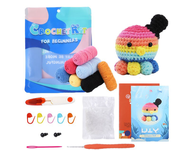 Paquete de material para muñeco de pulpo de lana tejido a crochet hecho a mano con el mismo estilo para el hogar y el jardín, que incluye instrucciones en inglés, venta al por mayor_voghion.com