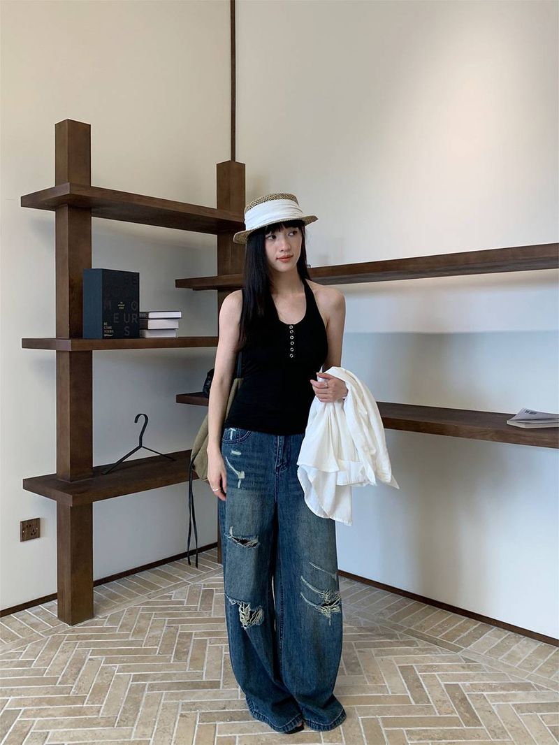 New 2025 Summer Streetwear Distressed Denim Jeans For Women - Retro, Relaxed Fit, Versatile Wide-Leg Long Pants_voghion.com