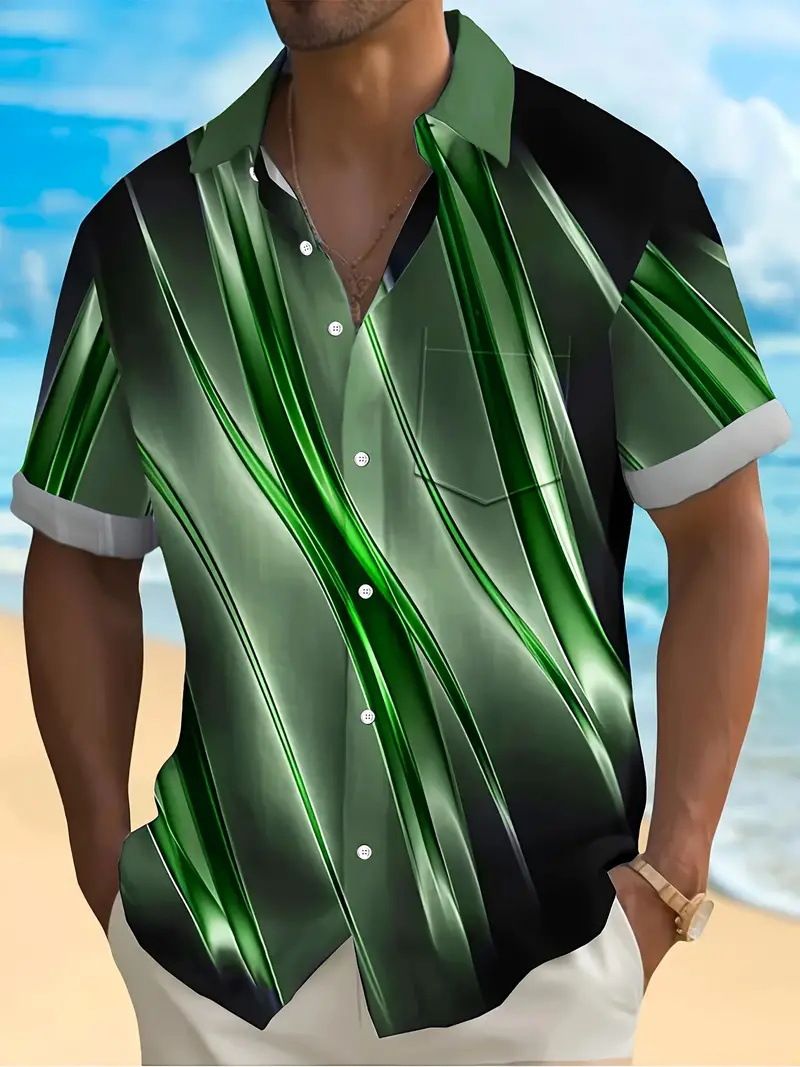 Men's Clothing New Loose 3D Printed Beach Blue Lapel Youth Holiday Style Pocket Short Sleeved Shirt_voghion.com