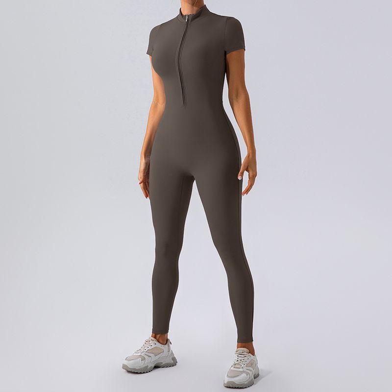 Dameskleding Ritssluiting Korte Mouw Nude Yoga Jumpsuit Voor Vrouwen Om Te Dragen Als Bovenkleding Voor Fitness Sportbroek Jumpsuit_voghion.com