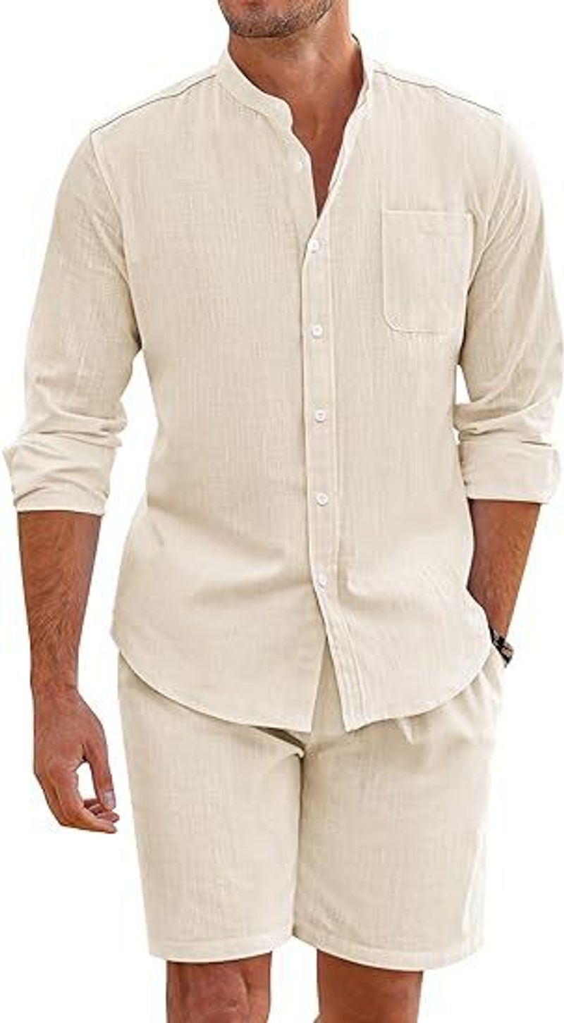 Men's Summer Two-Piece Set Cotton Linen Comfortable Button Shirt Long Sleeve Shorts Cardigan Simple Casual Beachwear_voghion.com