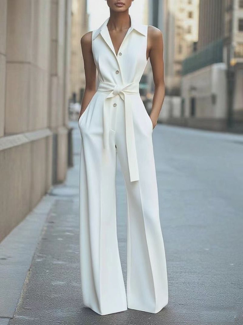 Women's Clothing ​High-Waisted Wide-Leg Jumpsuit Work & Casual - Breathable Polyester Blend With Button Front Sleeveless Romper In Black Coral White_voghion.com