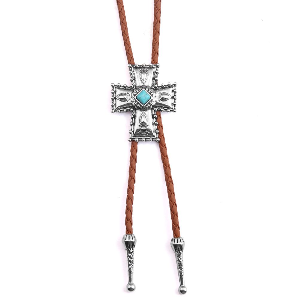 Collana con ciondolo in lega di corda con catena turchese e croce, da uomo, con cravatta Bolo in denim punk._voghion.com