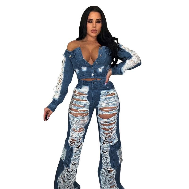 Odzież damska Nowe jeansy damskie F88493 w kropki modne casualowe podarte jeansy_voghion.com