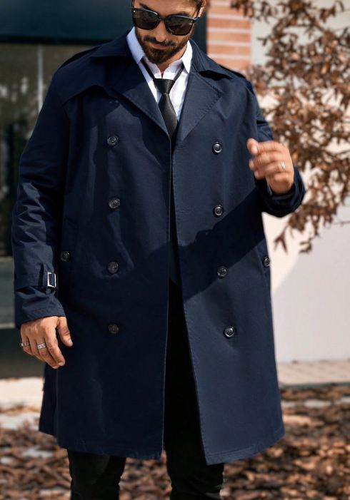 Men's Double Breasted Trench Coat Long Slim Fit Casual Overcoat Polyester Classic Blue Coat For Autumn Spring_voghion.com