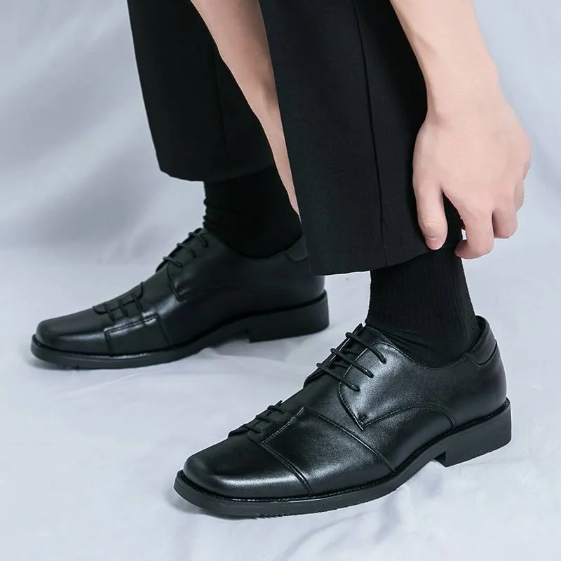 Chaussures pour hommes à bout carré, chaussures derby à lacets en cuir véritable, style britannique, marron, pour robe de banquet et de mariage_voghion.com