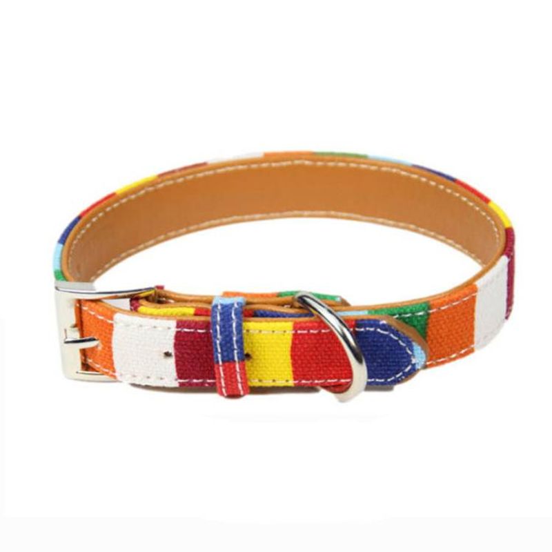 Canvas+PU Colorful Strip Pet Dog Collar_voghion.com