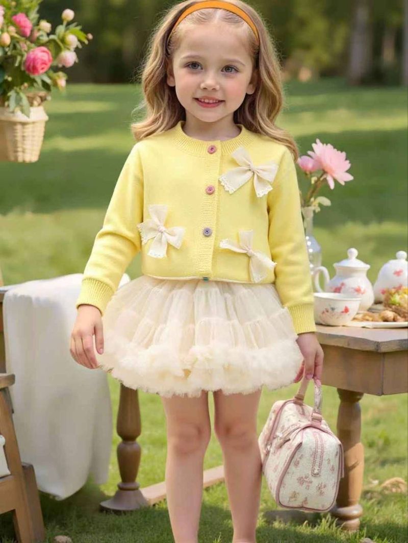 Kids’ Clothing Children's Cardigan Sweater Girls Three Bows Knitted Jacket Mesh Tutu Skirt Princess Sweet Sweater_voghion.com