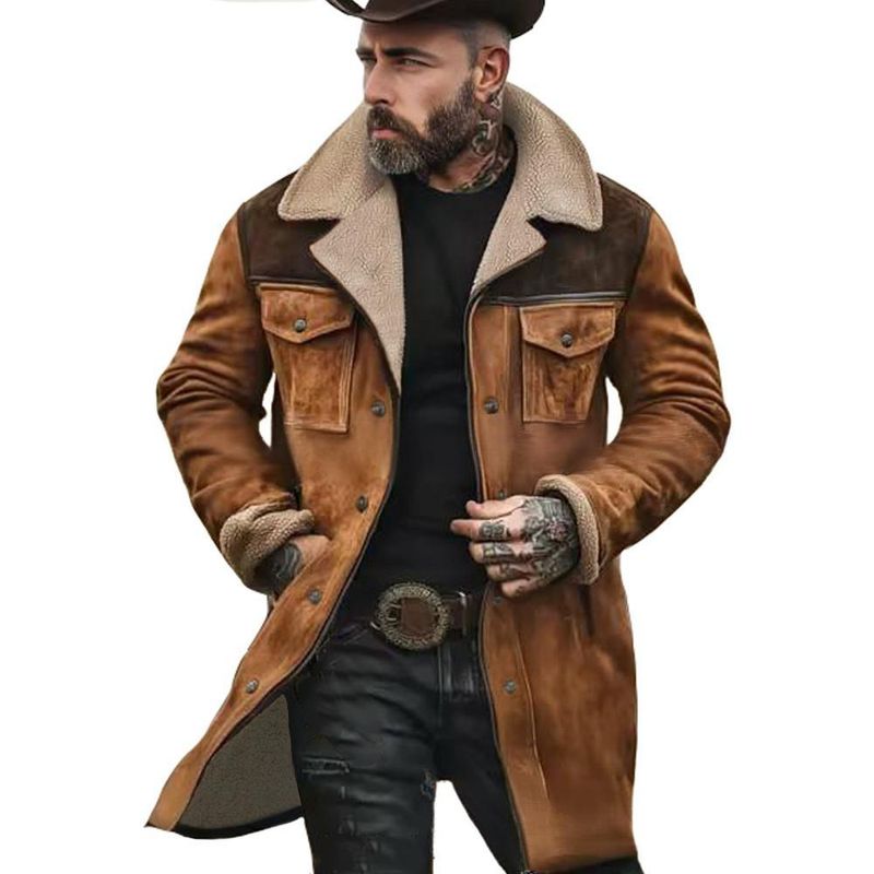 ​Men's Longline Fleece-Lined Winter Coat With Contrast Color Design, Warm Oversized Jacket For Casual & Commute​_voghion.com