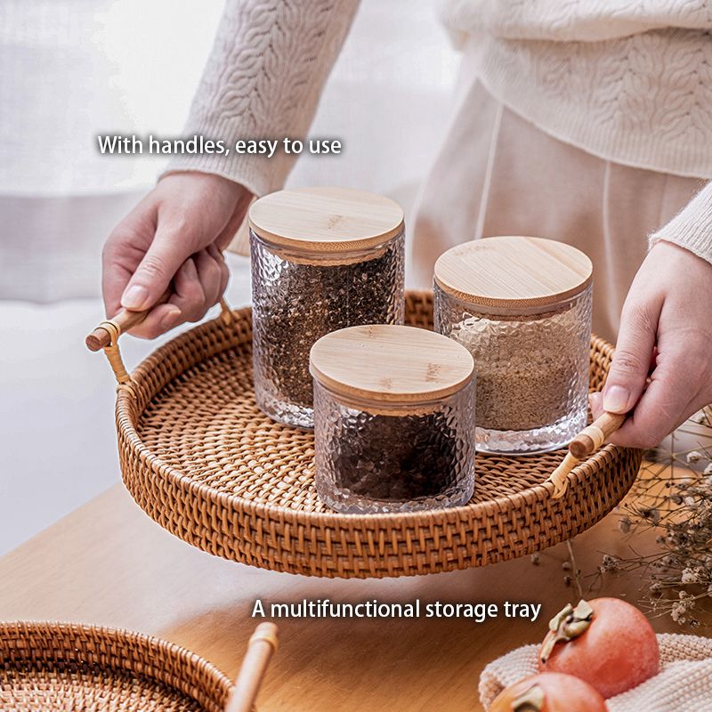 Handwoven Rattan Storage Tray With Wooden Handle Round Wicker Basket Bread Food Plate Fruit Cake Platter Dinner Serving Tray_voghion.com