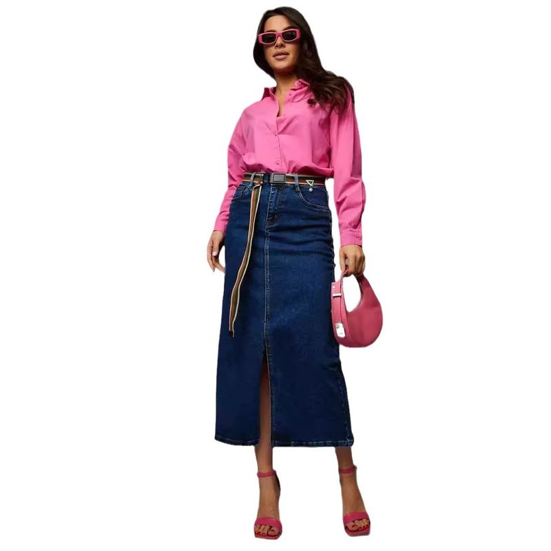 Denim rok met split, hoge taille, gewassen A-lijn rok, middellange rok voor dames_voghion.com