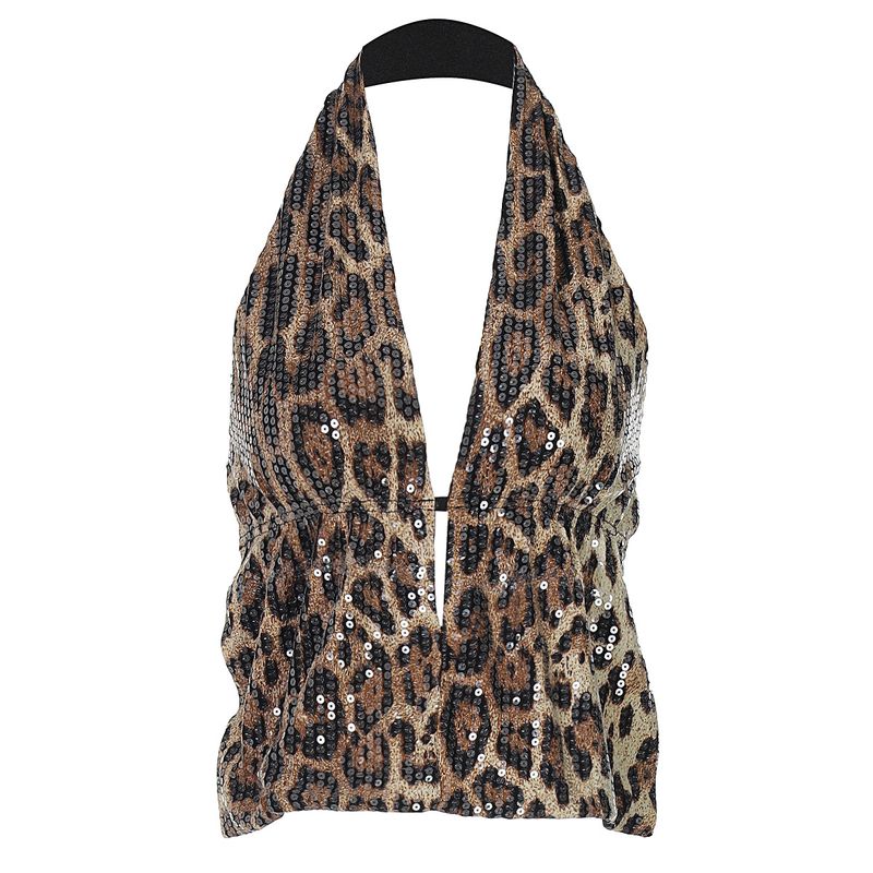 Damenbekleidung 2024 Frühjahr Neuer Stil Hängender Hals High-End-Temperament Rückenfreie Weste voller Pailletten Mini Leopard_voghion.com