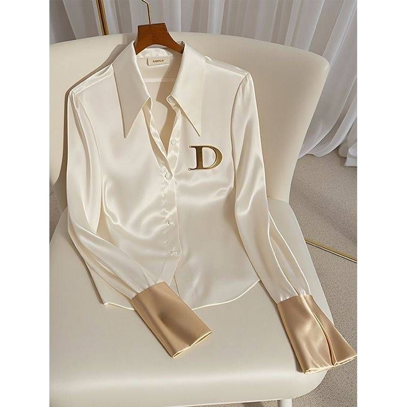 Women's Satin Blouse and High-Waisted Pants Set, Long Sleeve Silk Button-Down Shirt with Wide Leg Trousers, Elegant 2-Piece Office Outfit_voghion.com