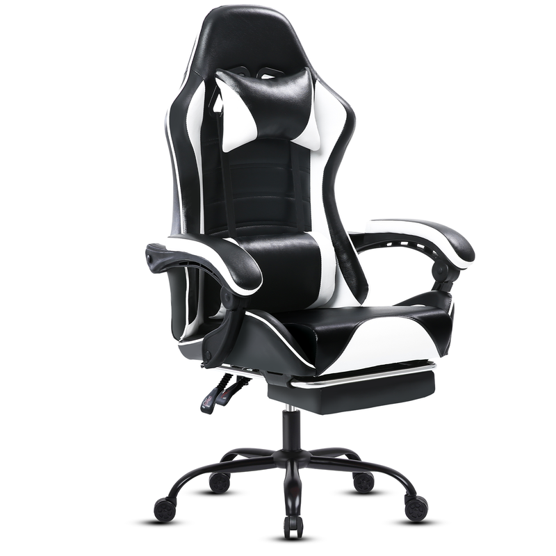 Ergonomischer Gaming-Stuhl mit Fußstütze und verstellbarer Lordosen-/Nackenstütze, Schwarz-Weiß, 136 kg belastbar, 155° Neigung, 360° drehbarer Bürostuhl_voghion.com