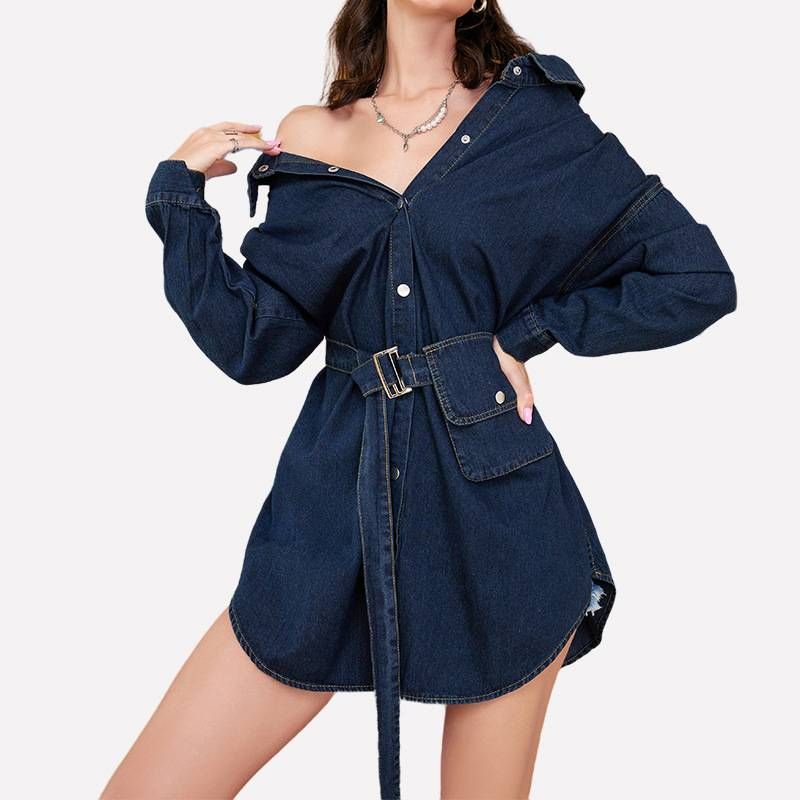 Vêtements pour femmes design sens cravate taille dos nu sac multi-usure chemise en jean femmes_voghion.com