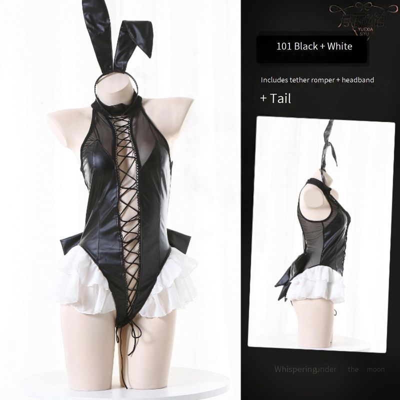 Sex Products Lingerie New Product Patent Leather Crotch Open One Piece Bunny Girl Pure Desire Sexy COS Uniform Suit Role Play Female_voghion.com