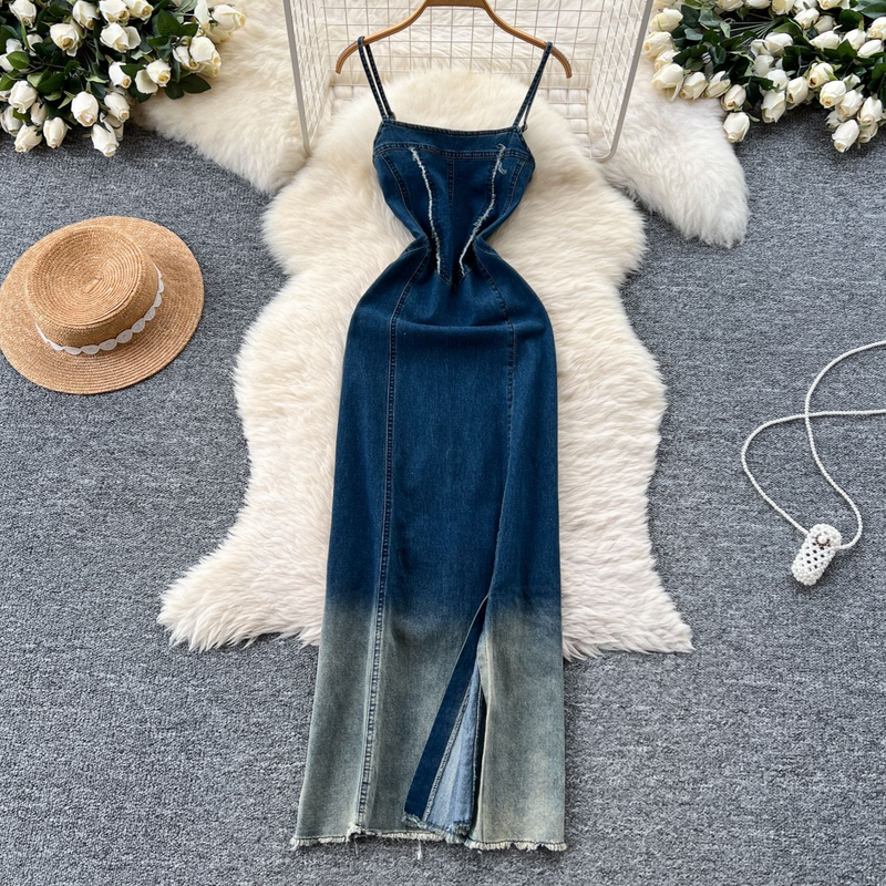 Dametøj Pure Desire Hot Girl Suspender Denim Kjole Dame Sommer Retro Gradient Farve Talje Slids Rygløs Lang Nederdel_voghion.com