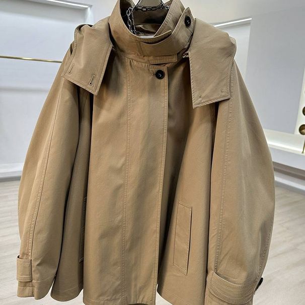 Women’s Cape-Style Hooded Short Jacket – Trendy Batwing Sleeve Coat With Polo Collar (Khaki/Black, S/M, Loose Fit Streetwear Outerwear)_voghion.com