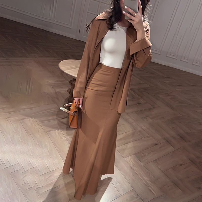Damenbekleidung Lässige Mode Bequemes Hemd Hohe Taille Hüfte Schlanker Rockanzug_voghion.com