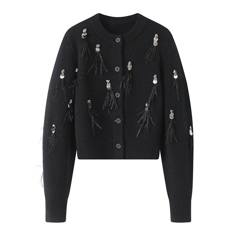 Xiaoxiangfeng, piccolo maglione in stile coreano francese, nuova giacca corta a maniche lunghe con paillettes, cardigan lavorato a maglia per_voghion.com