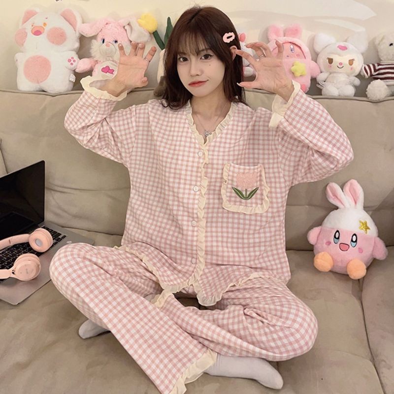 Waffelpyjama für Damen im Frühling und Herbst, süße Strickjacke im Instagram-Stil, karierte Langarmhose, plus_voghion.com