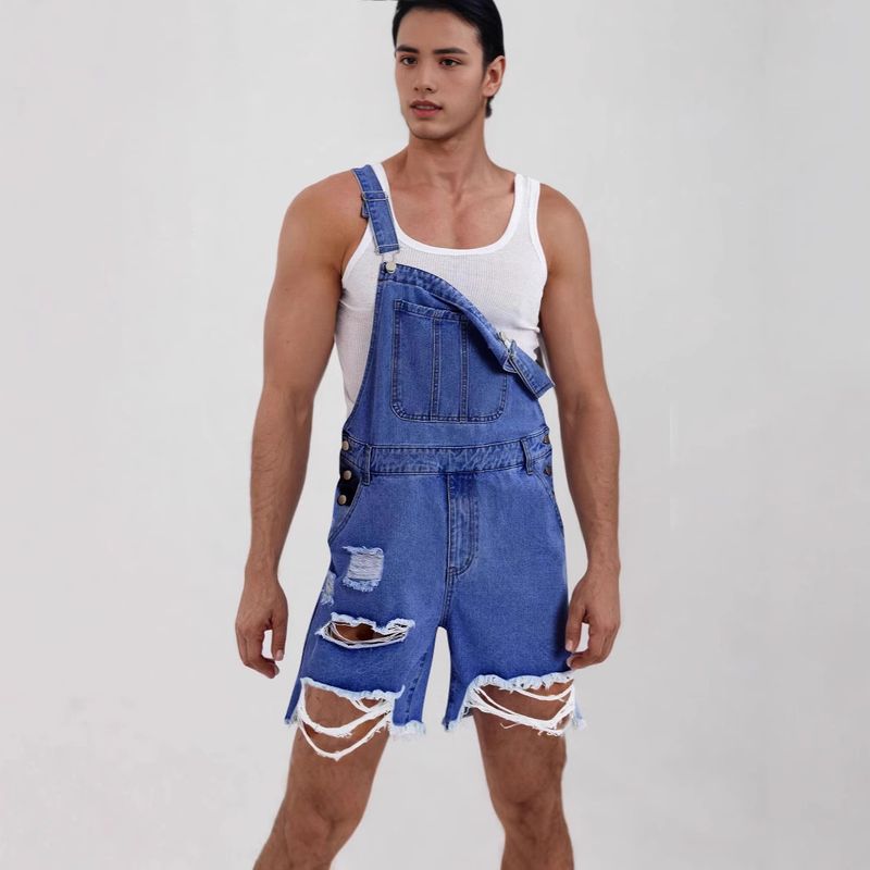 Herrenbekleidung Lässige Mode Zerrissene Denim-Trägershorts_voghion.com