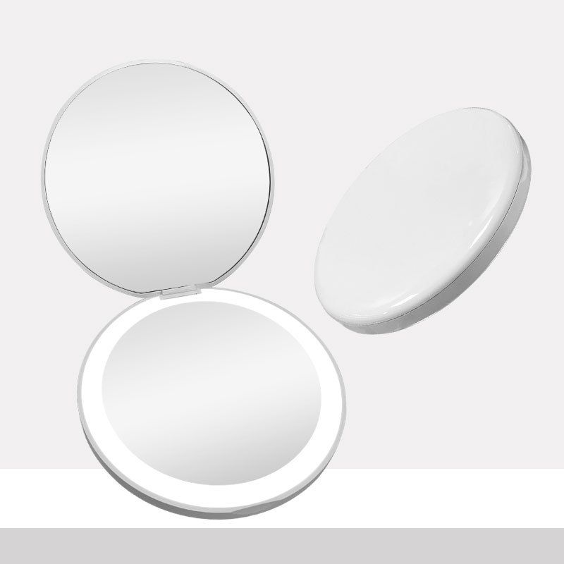 Espejo de bolsillo compacto para maquillaje, plegable, con luz LED pequeña personalizada, de 2 lados, con efecto luminoso, color rosa y blanco_voghion.com