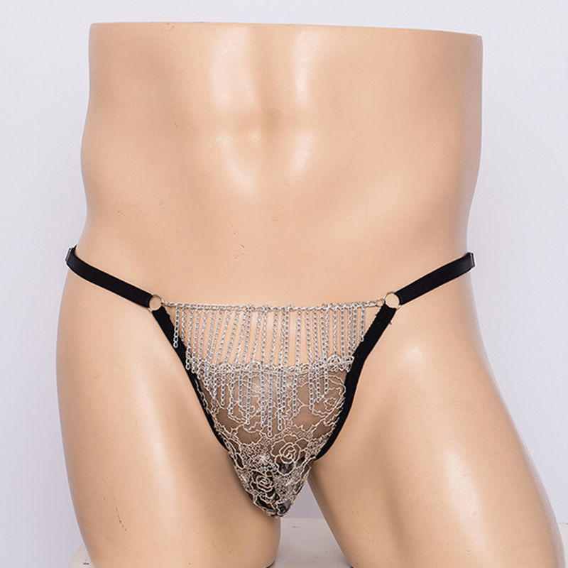 Sexy Männerunterwäsche aus Spitze, Eisenkette, ausgehöhlt, durchsichtig, transparentes Netzgewebe, Herren-T-Rücken über T-förmigem Höschen in Übergröße für Jugendliche_voghion.com