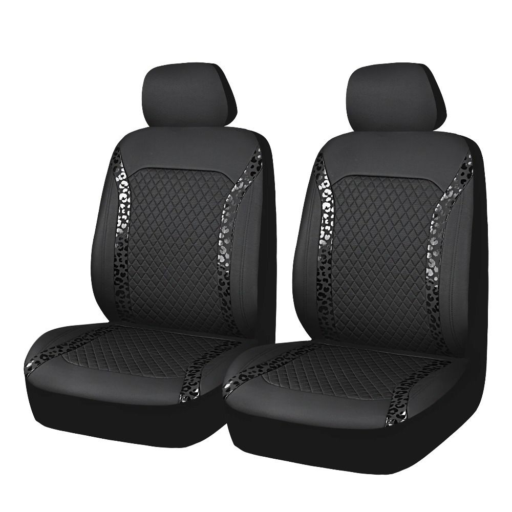 Confezione da 2 coprisedili per auto in pelle nera premium con dettagli leopardati - Vestibilità universale per la protezione dell'auto_voghion.com