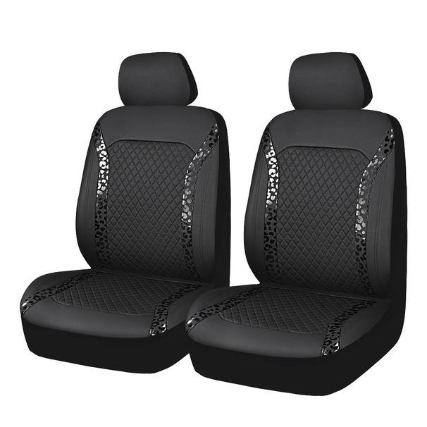 Confezione da 2 coprisedili per auto in pelle nera premium con dettagli leopardati - Vestibilità universale per la protezione dell'auto_voghion.com