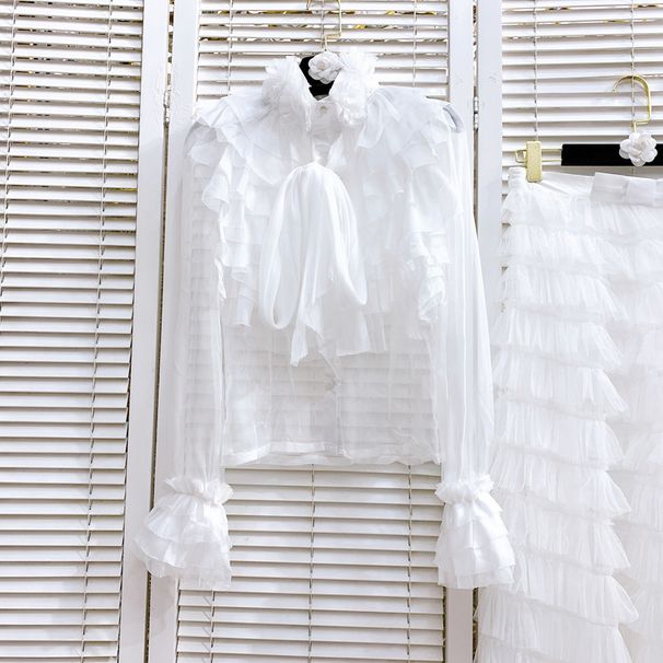 Abbigliamento da donna Camicia in chiffon arricciato Primavera Nuovo design Camicia Gonna a torta sovrapposta a strati in rete_voghion.com