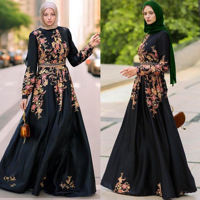 Vêtements pour femmes musulmanes Robe noire à fleurs Robe longue à fleurs de positionnement Robe longue à fleurs_voghion.com