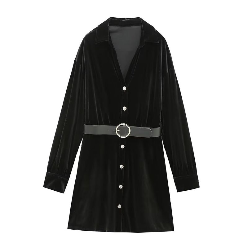 Damenbekleidung Herbst und Winter neue Mode Hemd Stil Gürtel langärmeliges Kleid_voghion.com