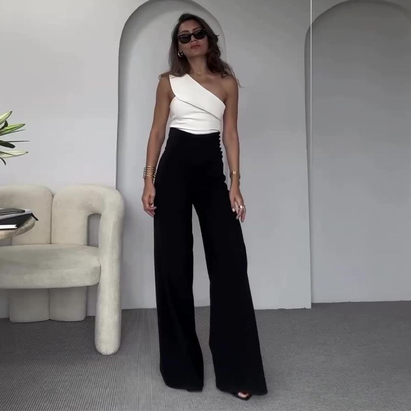 Women's Clothing summer new fashion solid color oblique collar slim fit top high waist wide leg pants suit_voghion.com