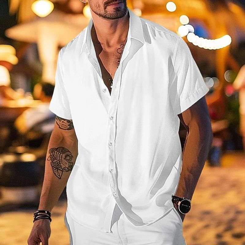 Sommer Satin Stehkragen Knopf Kurzarm Herren Casual Loose Fit Plus Size Shirt_voghion.com