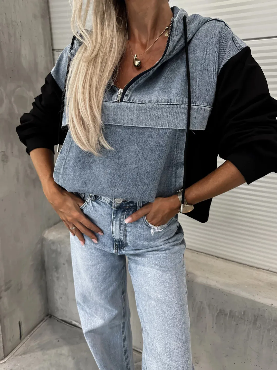 Women's Clothing Fashion Loose Casual Washed Denim Splicing Hooded Women's Sweatshirt_voghion.com