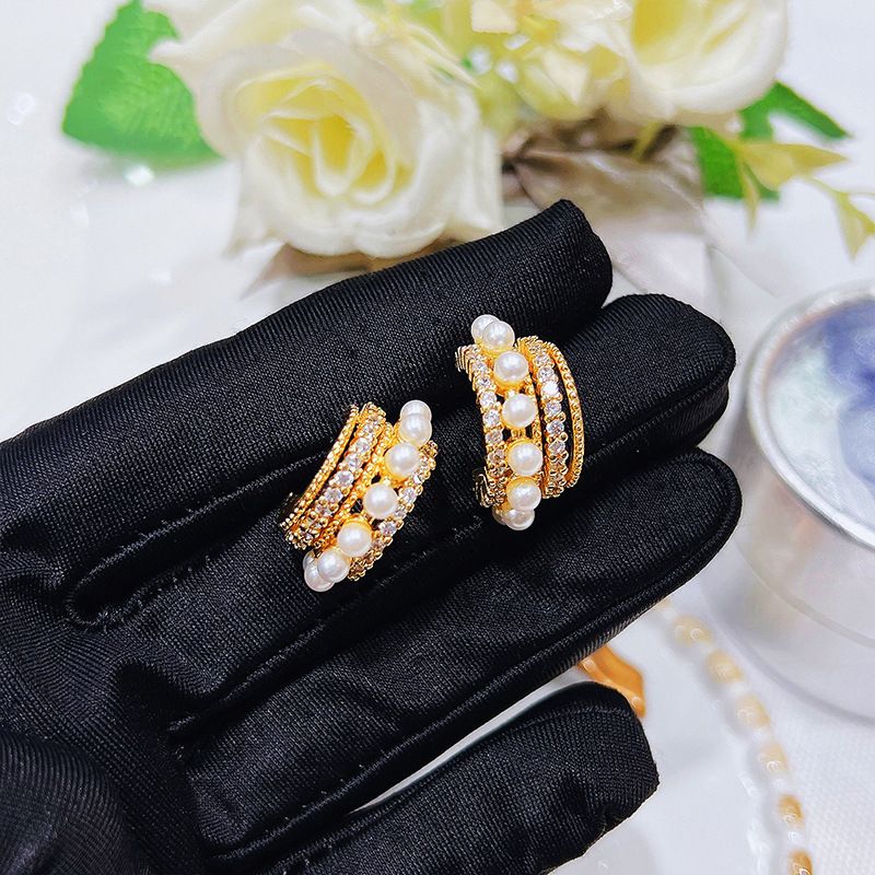 Damenschmuck Mehrschichtige Perlenzirkon-Ohrringe Leichtes Luxusdesign High-End-Ohrringe Temperament-Ohrringe_voghion.com