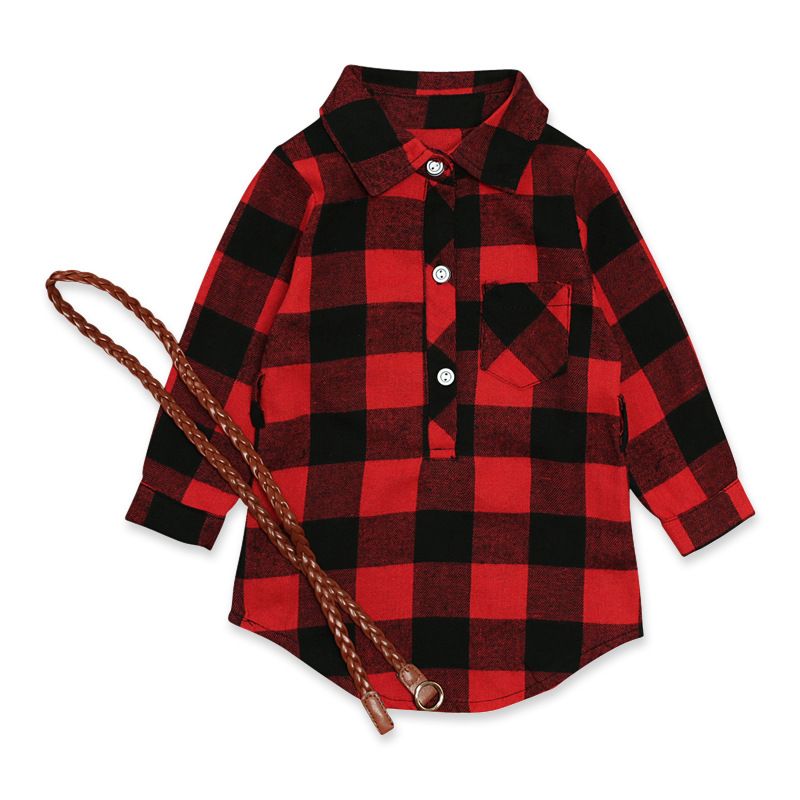 Children's Spring And Autumn Girls' Long-sleeved Red Plaid Dress + Belt Two-piece Children's Dress_voghion.com