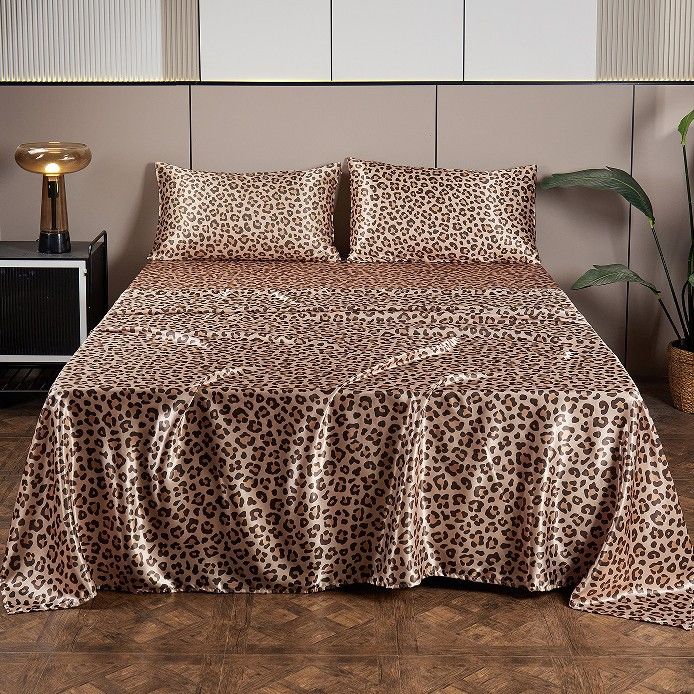 Lenzuolo da letto stampato in raso di seta, federa per cuscino, stampa digitale, set da quattro pezzi con leopardo argentato_voghion.com