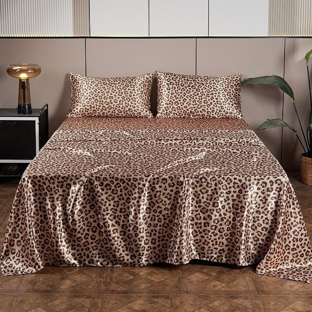 Lenzuolo da letto stampato in raso di seta, federa per cuscino, stampa digitale, set da quattro pezzi con leopardo argentato_voghion.com