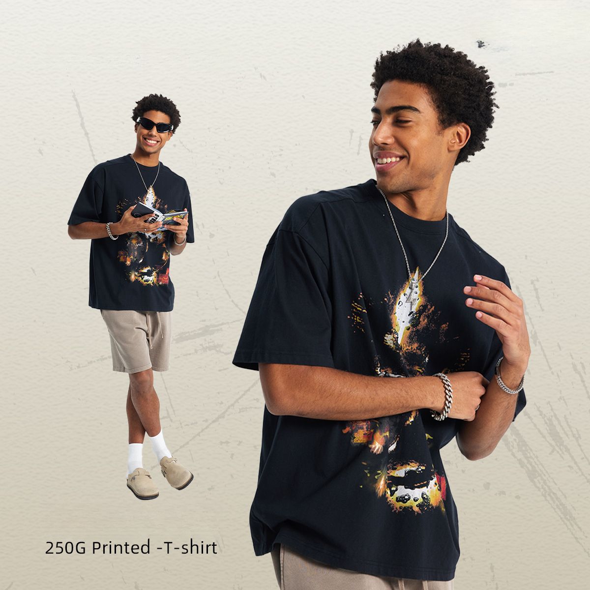 Lose Retro Herrenbekleidung 250g Batik Altes Waschwasser Druck Herren T-Shirt_voghion.com