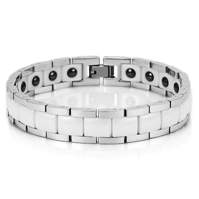 Black And White Ceramic With Stainless Steel Curved Ochre Bracelet Men's Health Magnetic Jewelry_voghion.com