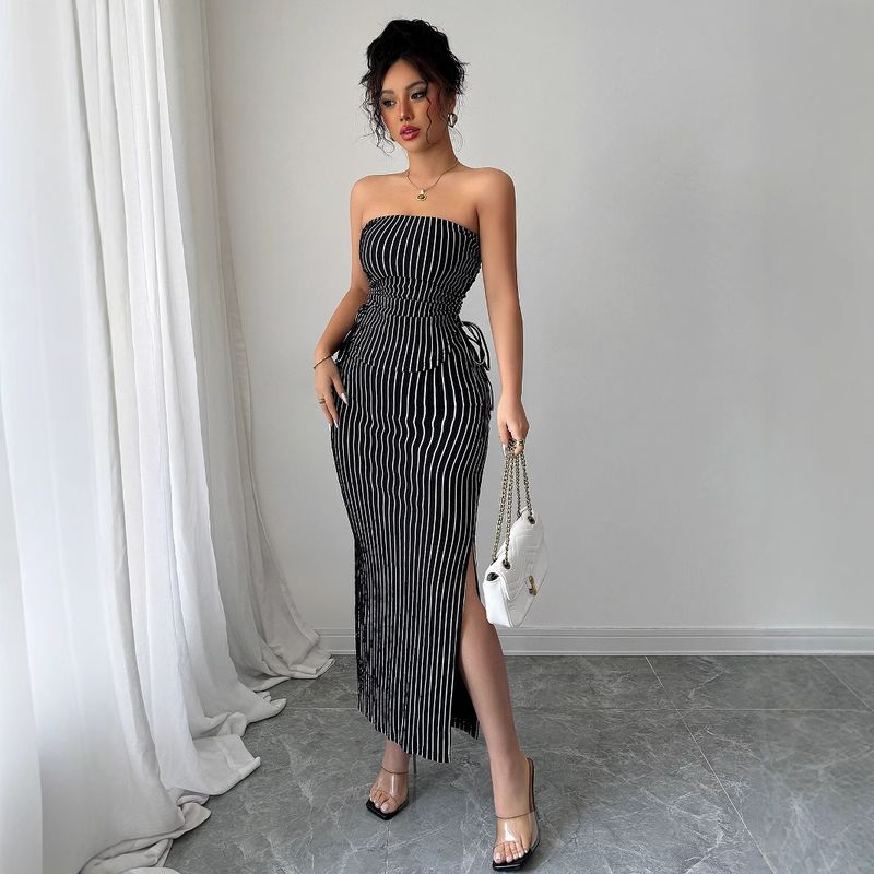 Damenbekleidung Temperament Elegant Gestreiften Riemen Tube Top Hüftrock Anzug Damenbekleidung Sommer_voghion.com