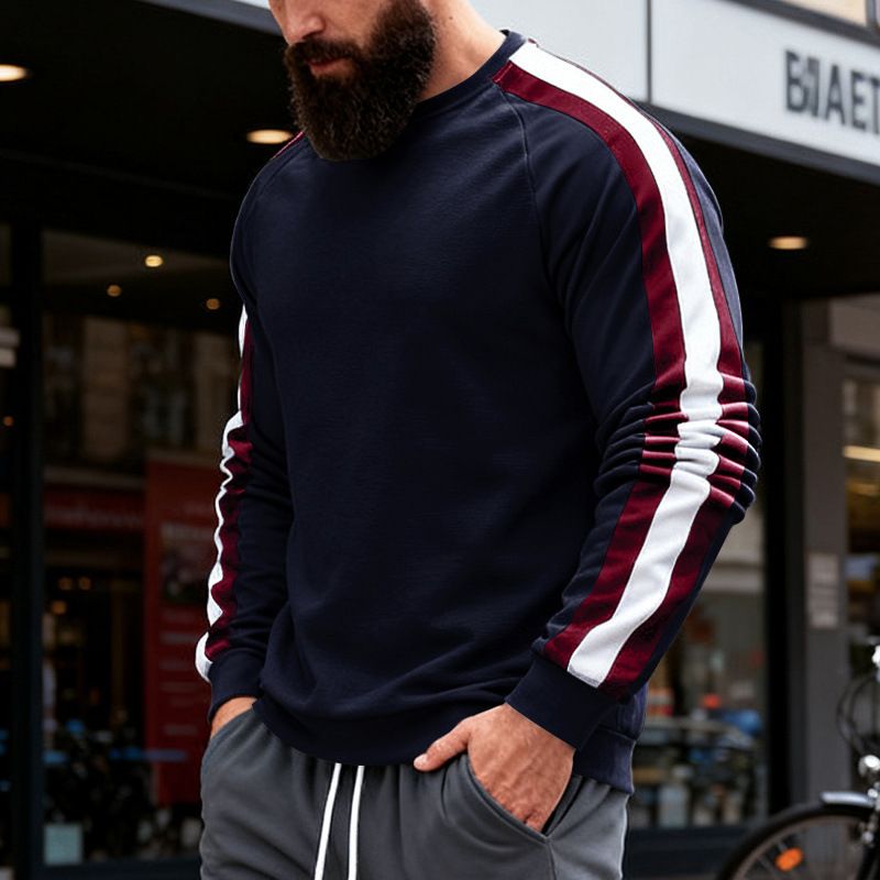 Heavyweight Color Block Sweatshirt For Men – Autumn/Winter Thermal Base Layer, Commuter & Outdoor Casual Pullover_voghion.com